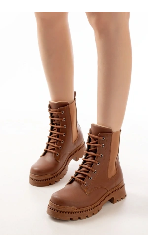 2051-298 Taba Düz Topuklu Bağcıklı Lastikli Günlük Kadın Bot