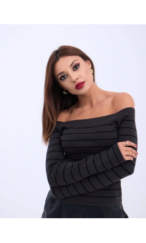 4206 TRİKO ÇİZGİLİ KAYIK YAKA CROP-ANTRASİT-SİYAH