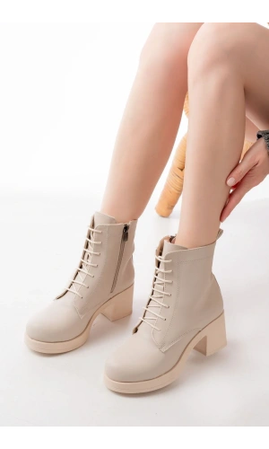 5109-3025 Bej Bağcıklı Fermuarlı Kalın Topuklu Günlük Kadın Bot