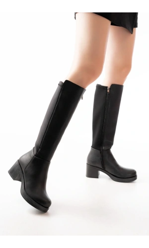 5109-3060 Siyah Topuklu Fermuarlı Günlük Kadın Çizme