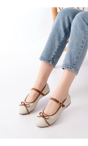 6321 Bej Keten Günlük Baret Tokalı Bayan Babet