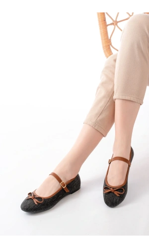 6321 Siyah Keten Günlük Baret Tokalı Bayan Babet