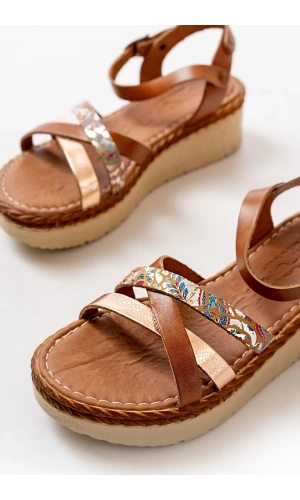 730-015 Taba Garni Ortopedik Hakiki Deri Dolgu Kadın Sandalet