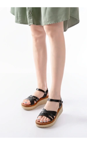 730-138 Siyah Örgü Hakiki Deri Ortopedik Taban Kadın Sandalet