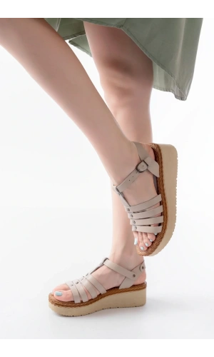 730-142 Bej Hakiki Deri Ortopedik Taban Kadın Sandalet