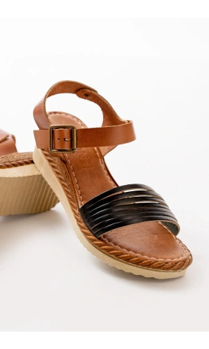 731-07 Siyah Ortopedik Hakiki Deri Dolgu Kadın Sandalet