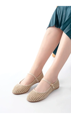 7432 Bej Fileli Toka Detaylı Günlük Kadın Babet