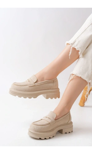 746-759 Bej Süet Günlük Yüksek Tabanlı Loafer Ayakkabı