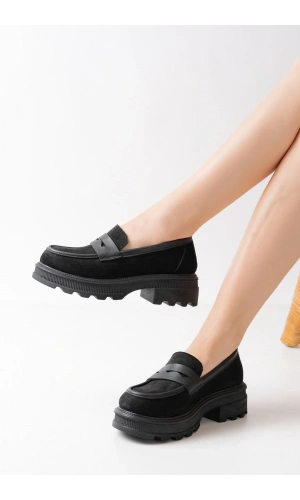 746-759 Siyah Süet Günlük Yüksek Tabanlı Loafer Ayakkabı