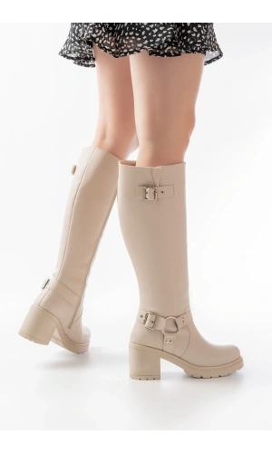 767-3005 Bej Toka Aksesuarlı Fermuarlı Günlük Kalın Topuklu Kadın Bot