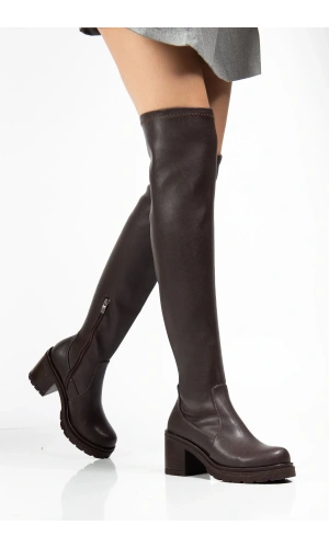 767-3010 Kahve Streç Günlük Kalın Topuklu Kadın Çizme