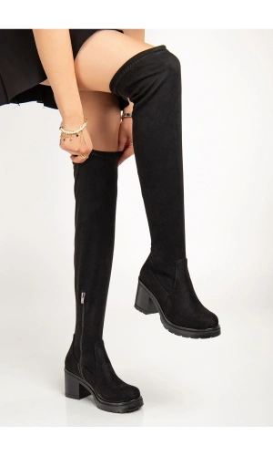 767-3010 Siyah Süet Streç Günlük Kalın Topuklu Kadın Çizme
