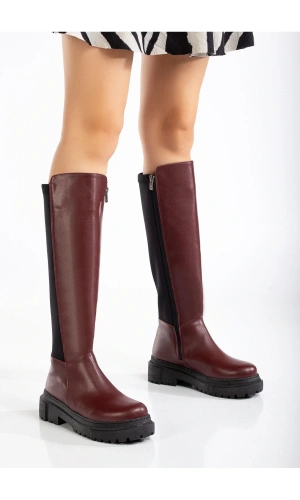 812-305 Bordo Arkası Streç Fermuarlı Günlük Kadın Çizme