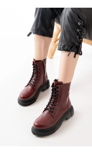 812-356 Bordo Bağcıklı Fermuarlı Günlük Kadın Bot