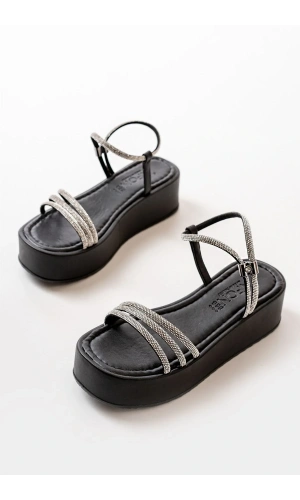 861-1100 Siyah Günlük Gümüş Taşlı Dolgu Kadın Sandalet