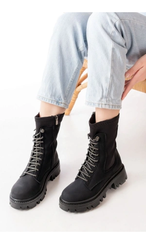 868-2006 Siyah Zümrüt Düz Topuklu Bağcıklı Fermuarlı Günlük Kadın Bot