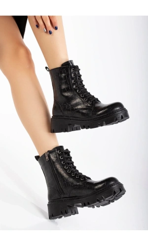 868-2289 Siyah Kroko Bağcıklı Fermuarlı Günlük Kadın Bot