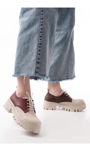 868-754 Bej Garni Bağcıklı Günlük Yüksek Tabanlı Loafer Ayakkabı