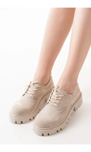 868-754 Bej Süet Bağcıklı Günlük Yüksek Tabanlı Loafer Ayakkabı