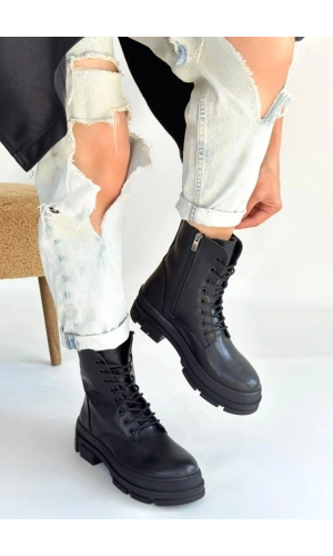 Allex Siyah Cilt Bağcıklı Bot