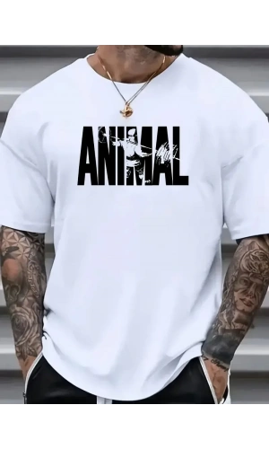 ANIMAL Desen Baskı Erkek Oversive Tişört, Grafik Tişört Erkek Yazlık Outdoor Kıyafetleri, Sporda ve Günlük Giyime Uygun - Beyaz