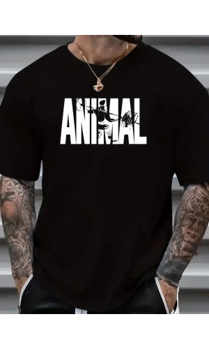ANIMAL Desen Baskı Erkek Oversive Tişört, Grafik Tişört Erkek Yazlık Outdoor Kıyafetleri, Sporda ve Günlük Giyime Uygun  - Siyah