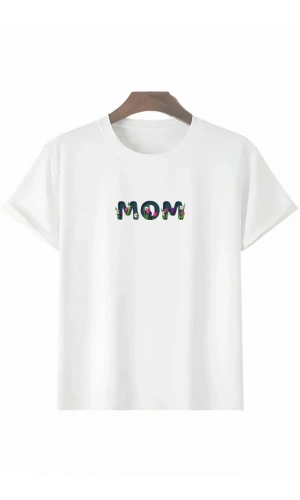 Anneler Gününe Özel Tasarım Mom Çiçek Baskılı T-shirt - Beyaz