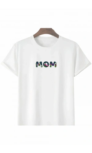 Anneler Gününe Özel Tasarım mom Çiçek Baskılı T-shirt - Beyaz