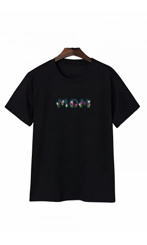 Anneler Gününe Özel Tasarım mom Çiçek Baskılı T-shirt - Siyah