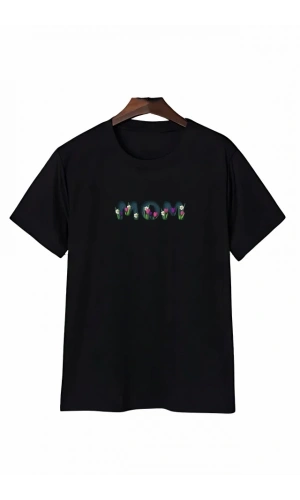 Anneler Gününe Özel Tasarım Mom Çiçek Baskılı T-shirt - Siyah