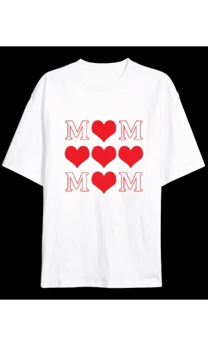 Anneler Gününe Özel Tasarım MOM Kalp Baskılı T-shirt - Beyaz