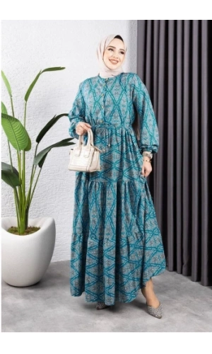 Bağcıklı Desenli Viskon Elbise YEŞİL