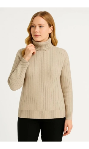 Balıkcı Yaka Bağazlı Triko Kazak Pamuklu Kalın Fitilli Dokuma - Bej