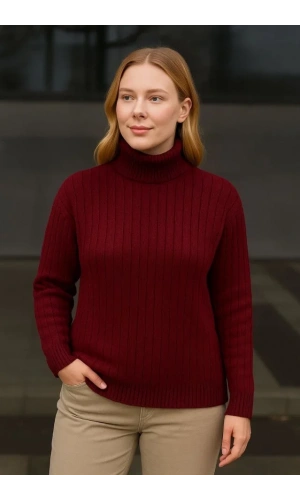 Balıkcı Yaka Bağazlı Triko Kazak Pamuklu Kalın Fitilli Dokuma - Bordo