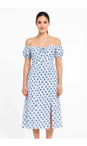 Bardot Omuzu Acık Çiçek Desenli Elbise - Desenli