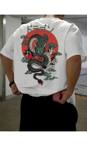 Baskılı Oversize Bisiklet Yaka T-shirt - Beyaz