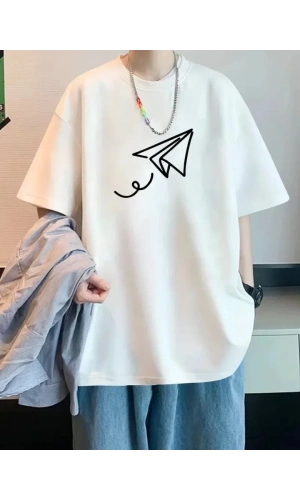 Baskılı Oversize Bisiklet Yaka T-shirt - Beyaz