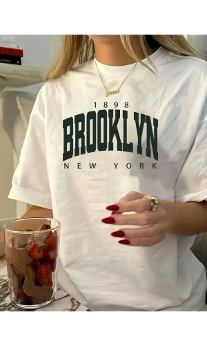 Baskılı Oversize Bisiklet Yaka T-shirt - Beyaz