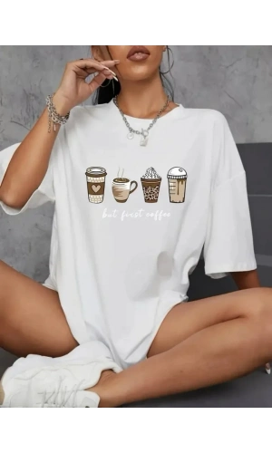 Baskılı Oversize Bisiklet Yaka T-shirt - Beyaz