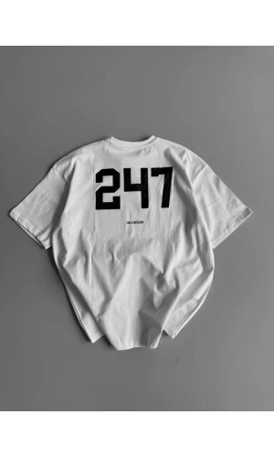 Baskılı Oversize Bisiklet Yaka T-shirt - Beyaz