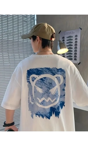 Baskılı Oversize Bisiklet Yaka T-shirt - Beyaz