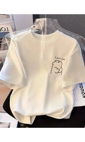 Baskılı Oversize Bisiklet Yaka T-shirt - Beyaz