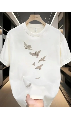 Baskılı Oversize Bisiklet Yaka T-shirt - Beyaz