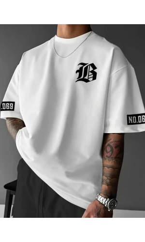 Baskılı Oversize Bisiklet Yaka T-shirt - Beyaz