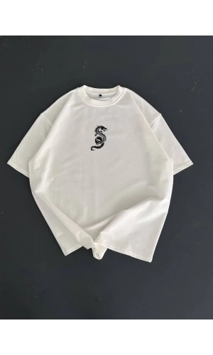 Baskılı Oversize Bisiklet Yaka T-shirt - Beyaz