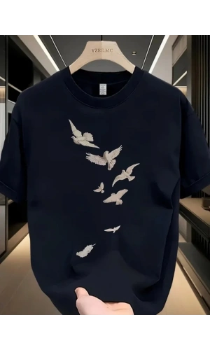 Baskılı Oversize Bisiklet Yaka T-shirt - Beyaz