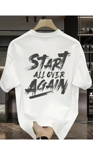 Baskılı Oversize Bisiklet Yaka T-shirt - Beyaz