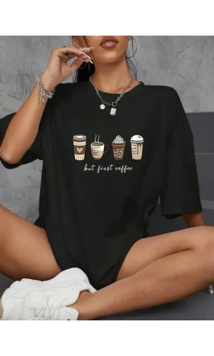 Baskılı Oversize Bisiklet Yaka T-shirt - Siyah