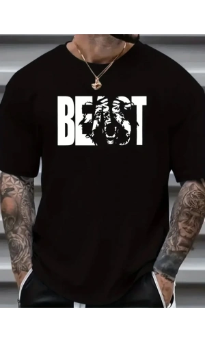 Baskılı Oversize Bisiklet Yaka T-shirt - Siyah