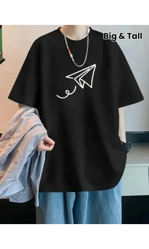 Baskılı Oversize Bisiklet Yaka T-shirt - Siyah